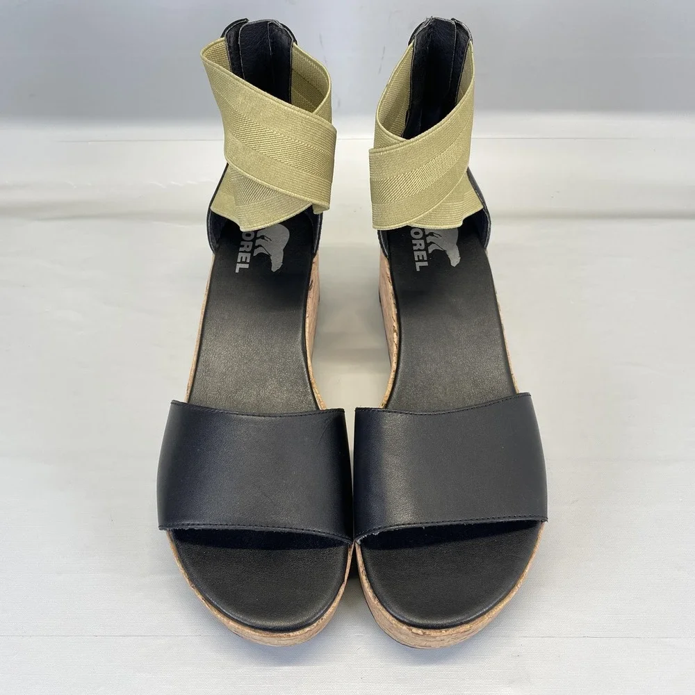 Sorel Cameron Flatform Wedge Sandals Womens Size 9.5 Black Leather Ankle Strap